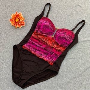 La Blanca Brown 1-Piece Swimsuit with Pink/Orange Tribal Print Accent, 1…